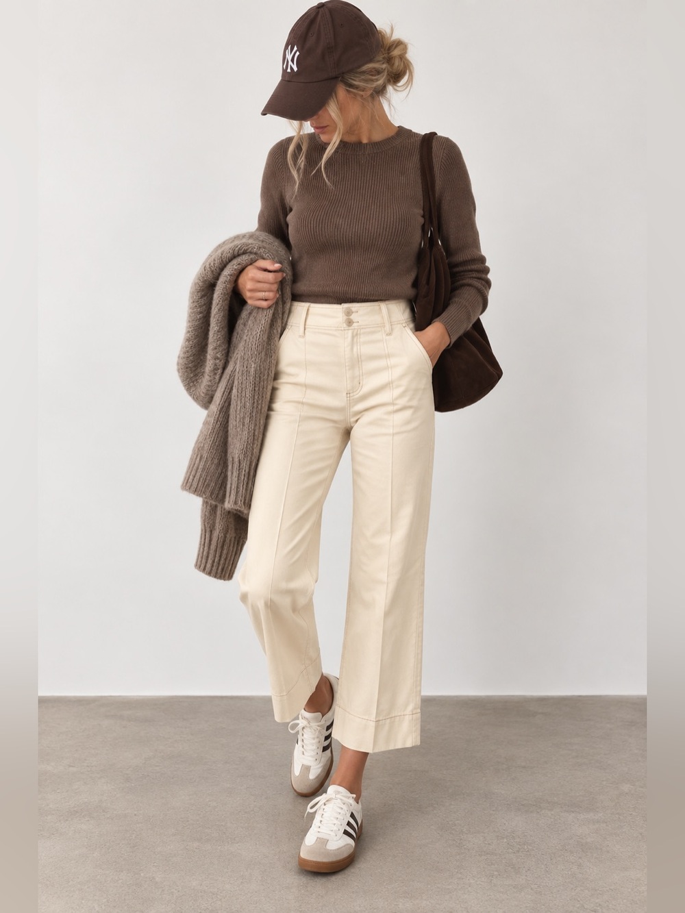 Anthropologie Cream High Rise Crop Pants Contrast Stitch Wide Leg Size 26